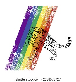 T-shirt design of a leopard entering a rainbow. vector illustration for gay pride day