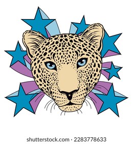 t-shirt design of a leopard face surrounded by stars.