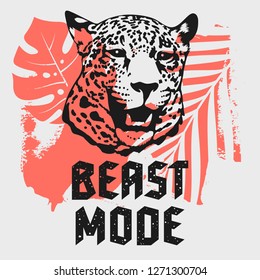 T-shirt design with leopard head, tropical plants and Beast Mode slogan. Graphic Tee