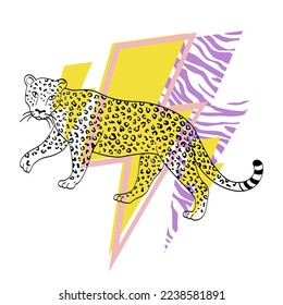 t-shirt design of a leopard with leopardo print thunderbolt  isolated on white