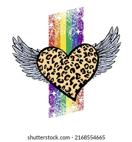 T-shirt design of a leopard print heart with a rainbow. Vector illustration for gay pride day.