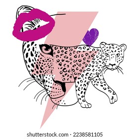 t-shirt design of a leopard with a symbol of thunder isolated on white