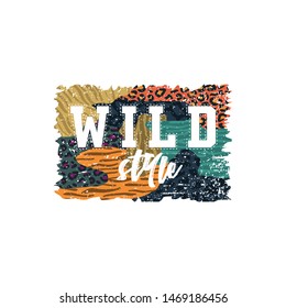 T-shirt design with leopard and tiger pattern pach print.Wild Style. Vector graphic illustration