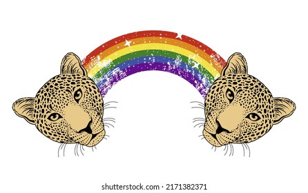 T-shirt design of leopards joined by a rainbow isolated on white. vector illustration for gay pride day	