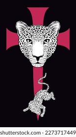 T-shirt design with leopards on a large red medieval cross silated on black. Vector illustration on heraldic themes.