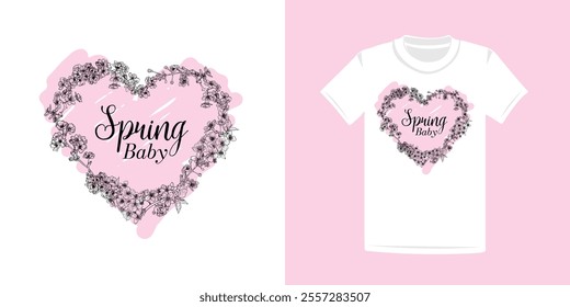 T-shirt design with line art cherry blossoms for a baby apparel. Hand drawn vector outline spring flowers over a pink sketched heart. 