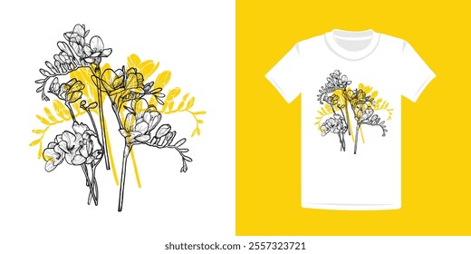 T-shirt design with line art and flat fill vector freesias. Hand drawn freesias bouquet for textile and apparel print. Can be used in both online and print projects. 