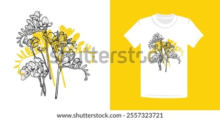 T-shirt design with line art and flat fill vector freesias. Hand drawn freesias bouquet for textile and apparel print. Can be used in both online and print projects. 