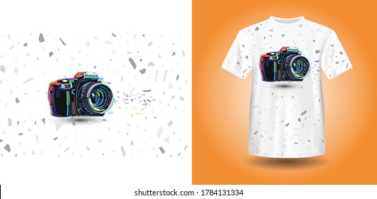 t-shirt design with a logo of a camera. 3d printed design DSLR camera logo. vector illustration
