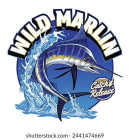 T-Shirt Design of Marlin Fish in Colored Vintage Style