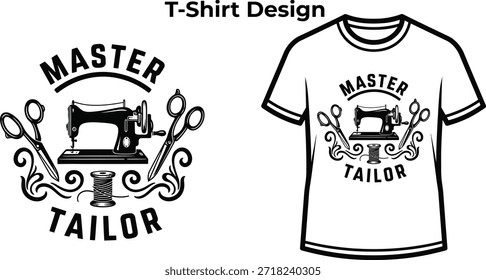 T-shirt design of Master tailor typography with sewing machine for fashion logo, clothing repair badge, handmade textile emblem and isolated on transparent industry graphic illustration
