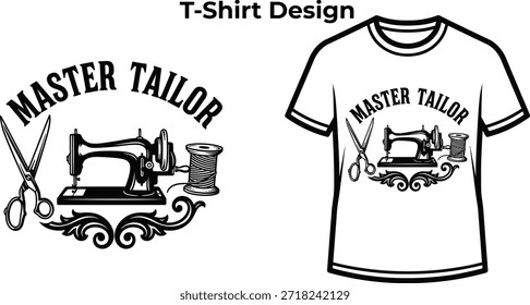 T-shirt design of Master tailor typography with sewing machine for fashion logo, handmade craft clothing badge, textile repair emblem and isolated on transparent industry graphic illustration