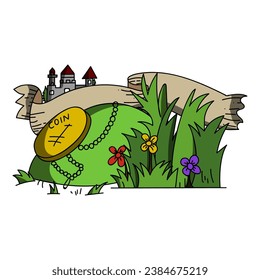 T-shirt design with a medieval castle theme. Illustration of a meadow with a castle in the background