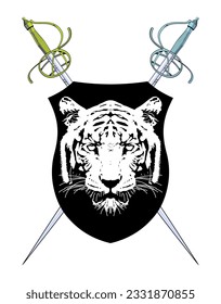 T-shirt design of a medieval shield with a tiger head. Vector illustration of heraldic themes