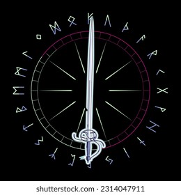 T-Shirt-Design eines mittelalterlichen Schwertes, umgeben von dem Runenalphabet.