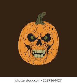 T-Shirt-Design, ein bedrohlicher Halloween-Kürbis mit einem schädelartigen Gesicht, leuchtend grünen Augen und einem gruseligen Grinsen.