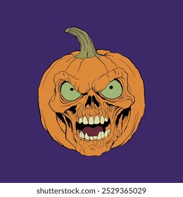 t-shirt design, A menacing Halloween pumpkin with a skull-like face, glowing green eyes, and an open mouth, set against a purple background.