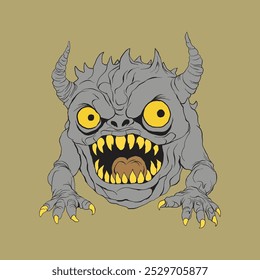 Design de camiseta, um monstro ameaçador com chifres, com dentes afiados e garras, ostentando suas presas, seus olhos brilhando de amarelo com raiva.