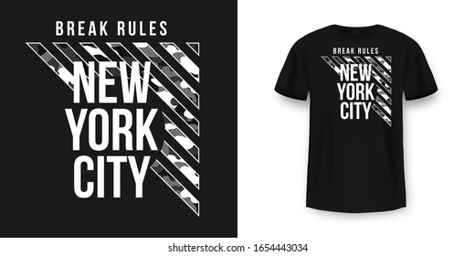 T-shirt design in military army style with camouflage texture. New York City typography with slogan for shirt print. Black t-shirt mockup with graphic print. Vector