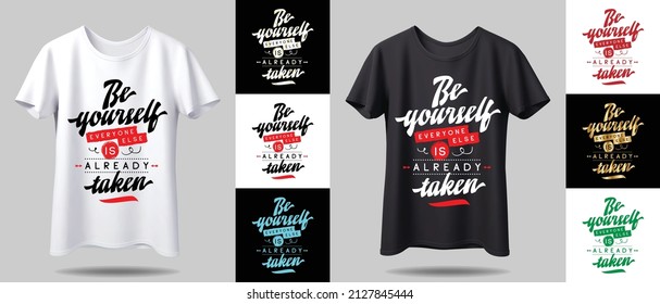 T-shirt design mockup. New black and white typography t-shirt design with mockup in different color