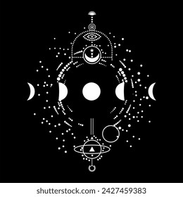 T-shirt design for moon phases on a black background and abstract figures.