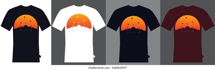 Diseño de camisetas con mezquita, sol y pájaro para impresión