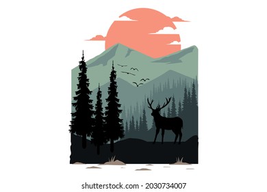 T-shirt design of mountain flat deer nature