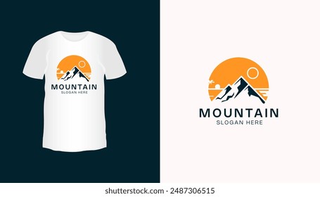 T-shirt design with mountains and sun. Vector logo template. t-shart-mockup