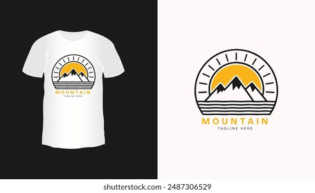 T-shirt design with mountains and sun. Vector logo template. t-shart-mockup