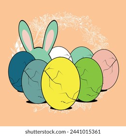 T-shirt design of multicolored Easter eggs and bunny ears on a pink background..sstkEaster