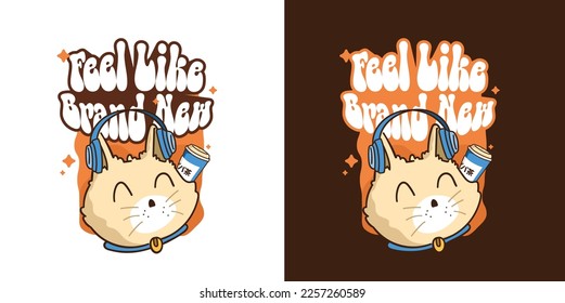 T-shirt design for a music festival, an orange cat listening to the music on earphones.