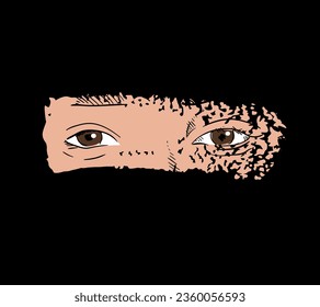 T-shirt design of Muslim woman's eyes on black background. Feminist vector illustration.