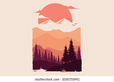 T-shirt design of nature mountain sun pine