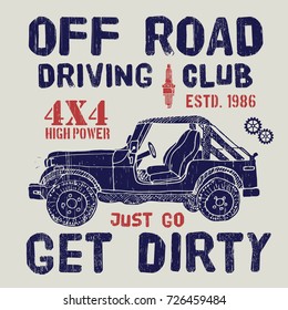 T-shirt design, offroad driving club with suv car typography graphics, vector illustration .