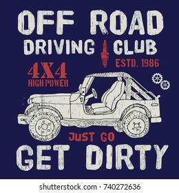 T-shirt design, offroad driving club with suv car typography graphics, vector illustration .