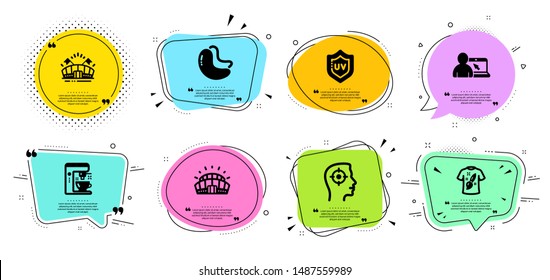 T-shirt design, Online education and Sports arena line icons set. Chat bubbles with quotes. Uv protection, Sports stadium and Recruitment signs. Coffee maker, Cashew nut symbols. Vector