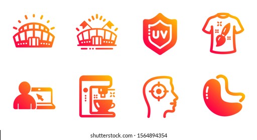 T-shirt design, Online education and Sports arena line icons set. Uv protection, Sports stadium and Recruitment signs. Coffee maker, Cashew nut symbols. Painting, Internet lectures. Vector