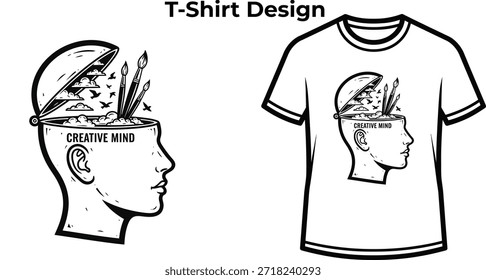 T-shirt design of Open mind illustration with clouds and ladder for idea logo, creative imagination badge, psychology dream emblem and isolated on transparent head graphic sketch
