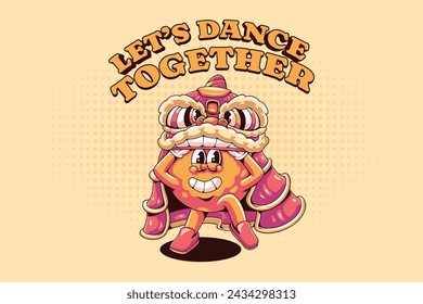 Diseño de camiseta con Naranja realizando danza del león Retro Cartoon Character Illustration. Año del dragón 2024