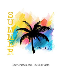 T-shirt design with palm tree on watercolor brush strokes background. Summer relaxation