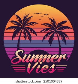 T-shirt design palm tree sunset vector art illustration