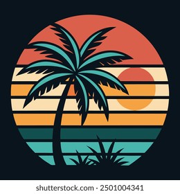 T-shirt design palm tree sunset vector art illustration