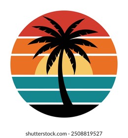 T-shirt design palm tree sunset sea vector illustration.