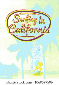 T-Shirt  design with palm trees and wave surfing. vector placement print design.