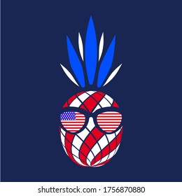 T-shirt design with patriotic pineapple drawing in American style. USA independence day poster