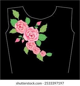 t-shirt design with pink roses on black background. vector illustration. Embroidery flower round neck line patch composition for t-shirt design. 