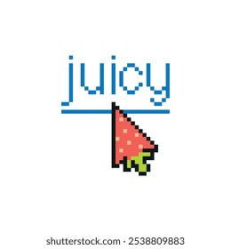 T-shirt design with pixelated strawberry pointer with hyperlink text juicy 