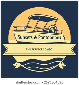 T-Shirt Design with Pontoon Boat and Sunset Graphic