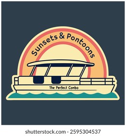 T-Shirt Design with Pontoon Boat and Sunset Graphic