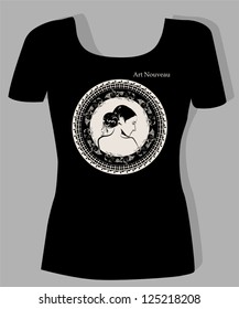 t-shirt design  with  portrait of beautiful girl in art nouveau style